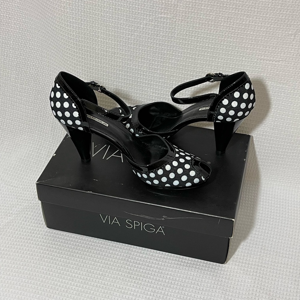 VIA SPIGA Black and White Polka Dot Platform High Heel Womens Size 9.5